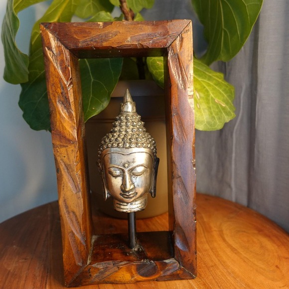 Buddha Head Statue in Wood Frame Asian Decor Sculpture‎ Art